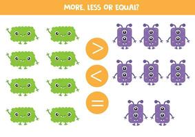 Grater, less or equal with cartoon cute monsters. vector