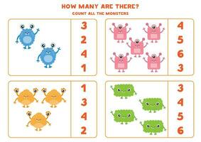 Count all cute and colorful monsters and circle the correct answers. vector