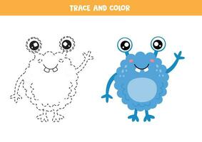 Trace and color cute cartoon blue monster. Worksheet for children. vector