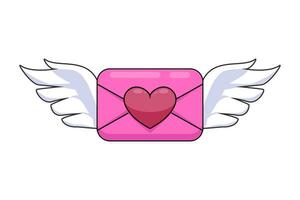 Flying pink letter with angel wings and red heart for stamp isolated on white background, pink envelope. vector illustration