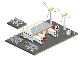 Isometric distribution logistic center with solar panels and wind turbines. Warehouse storage facilities with trucks isolated on white background. Loading discharging terminal. vector