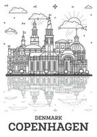 Outline Copenhagen Denmark City Skyline with Historic Buildings and reflections Isolated on White. Copenhagen Cityscape with Landmarks. vector