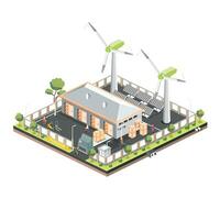 Isometric distribution logistic center with solar panels and wind turbines. Warehouse storage facilities with trucks isolated on white background. Loading discharging terminal. vector