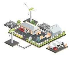 Use of clean energy in the logistics sector. Isometric distribution logistic center with solar panels and wind turbines. Warehouse storage facilities with trucks. vector