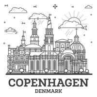 contorno Copenhague Dinamarca ciudad horizonte con moderno y histórico edificios aislado en blanco. Copenhague paisaje urbano con puntos de referencia vector