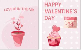 conjunto de postales vector ilustración en dibujos animados estilo en rosado sombras. de moda moderno ilustración para San Valentín día, mano dibujado, plano diseño.