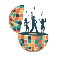 disco pelota y baile. maravilloso aparato de relojería elementos en retro hippie estilo de el años 70 vector