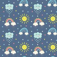 Seamless pattern with kawaii sun, cloud, boho rainbows and stars. Celestial childish print on dark blue background. vector