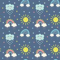 Seamless pattern with kawaii sun, cloud, boho rainbows and stars. Celestial childish print on dark blue background. vector