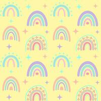 Seamless pattern with boho rainbows and stars. Celestial childish print on pastel yellow background. vector