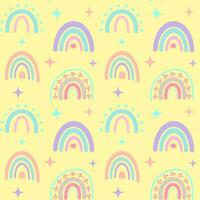 Seamless pattern with boho rainbows and stars. Celestial childish print on pastel yellow background. vector