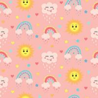 Seamless pattern with kawaii sun, cloud and boho rainbows. Celestial childish print on pastel pink background. vector