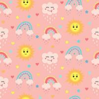 Seamless pattern with kawaii sun, cloud and boho rainbows. Celestial childish print on pastel pink background. vector