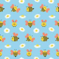 Cute bee characters and daisies seamless pattern. Funny cartoon honeybees with pink wings and chamomiles on pastel blue background. Ideal for printing on fabric and paper. vector