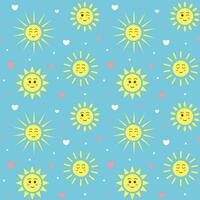 Seamless pattern with kawaii suns and hearts. Celestial childish print on pastel blue background. vector