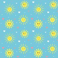 Seamless pattern with kawaii suns and hearts. Celestial childish print on pastel blue background. vector