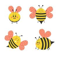 Cute bee set. Funny cartoon honeybee characters with pink wings. vector