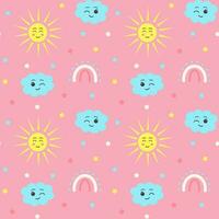 Seamless pattern with stars, boho rainbows, kawaii cloud and sun. Celestial childish print on pink background. vector