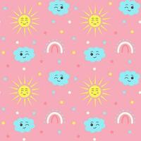 Seamless pattern with stars, boho rainbows, kawaii cloud and sun. Celestial childish print on pink background. vector