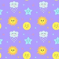 Seamless pattern with kawaii sun, moon, cloud and star. Celestial childish print on pastel purple background. vector