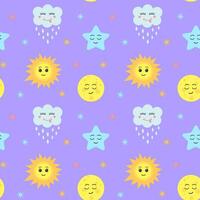 Seamless pattern with kawaii sun, moon, cloud and star. Celestial childish print on pastel purple background. vector