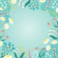 Spring background with flowers and leaves, plants and berries. Trendy abstract square art floral template. Copy space. Hand drawn colorful vector illustration.