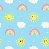 Seamless pattern with kawaii sun, boho rainbow, cloud and hearts. Celestial childish print on pastel blue background. vector