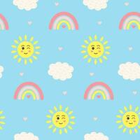 Seamless pattern with kawaii sun, boho rainbow, cloud and hearts. Celestial childish print on pastel blue background. vector