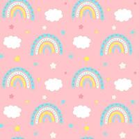 Seamless pattern with stars, boho rainbows and clouds. Celestial childish print on pink background. vector
