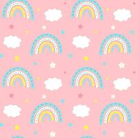 Seamless pattern with stars, boho rainbows and clouds. Celestial childish print on pink background. vector