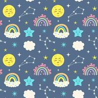 Seamless pattern with constellations, boho rainbows, clouds, kawaii moon and stars. Celestial childish print on dark blue background. vector