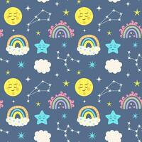 Seamless pattern with constellations, boho rainbows, clouds, kawaii moon and stars. Celestial childish print on dark blue background. vector