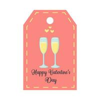Valentines Day tag with champagne glasses and hearts. Happy Valentines Day lettering. Holiday gift label template. vector