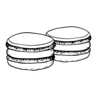 Two sweet macaroons cookies vector black and white illustration for cafe and bakery menu designs