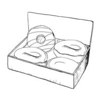 Glazed donuts in the box for bakery and cafe vector black and white graphic Illustration. Blank box template for pastry