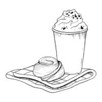 Vector milkshake with whipped cream and cinnamon rolled bun with spoon and napkin black and white illustration. Fast food sweet delicious dessert