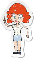 retro distressed sticker of a cartoon happy woman with idea png