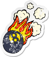 retro nödställd klistermärke av en tecknad flammande poolboll png