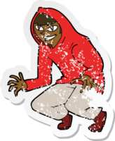 retro distressed sticker of a cartoon mischievous boy in hooded top png