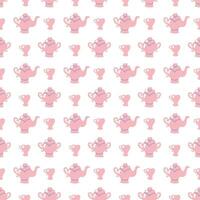 Cute simple pink heart shaped place setting. Teapot, sugar bowl, cup and saucer in soft pastel colors. Teaware in cardboard style.Seamless pattern. Vector illustration.
