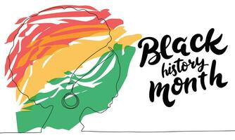 Black history Month banner. Handwriting text and line art African American woman's head silhouette with red yellow and green color. Hand drawn vector art.