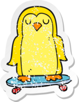 retro distressed sticker of a cartoon bird on skateboard png