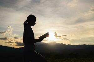 mujer manos Orando a Dios con el Biblia. mendicidad para perdón y creer en bondad. cristiano vida crisis oración a dios. mujer orar para Dios bendición a deseando tener un mejor vida. foto