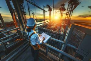 AI generated Female construction worker in hard hat standing at the construction site photo