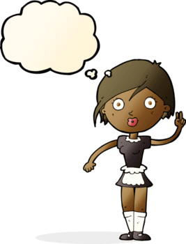 caricatura, camarera, elaboración, mano, gesto, con, pensamiento, burbuja png