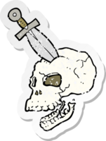 retro distressed sticker of a cartoon dagger stuck in skull png