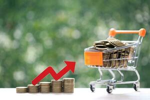 Global inflation or Deflation concept, Red arrow graph on stack of coins money and model miniature shopping cart on natural green background photo