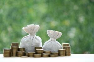 Coins money in the bag on natural green background,Business investment and Saving money for prepare in future concept photo