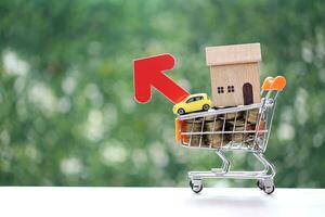 Model house and miniature yellow car with stack of coins money on model miniature shopping cart on natural green background photo