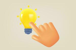 Comic hand touching lightbulb. Inspiration concept. 3d vector illustration